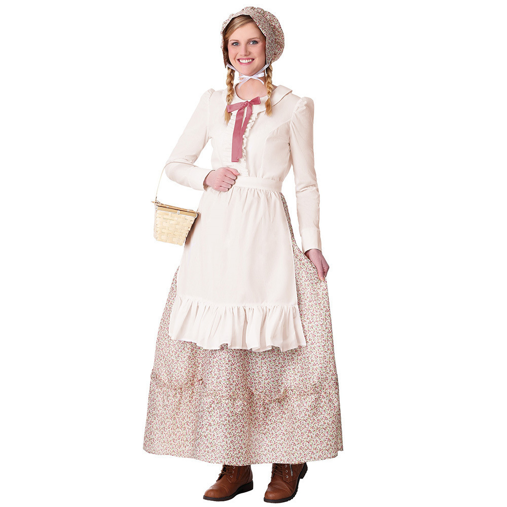 Womens Prairie Pioneer Costume Included Dress Apron Bonnet